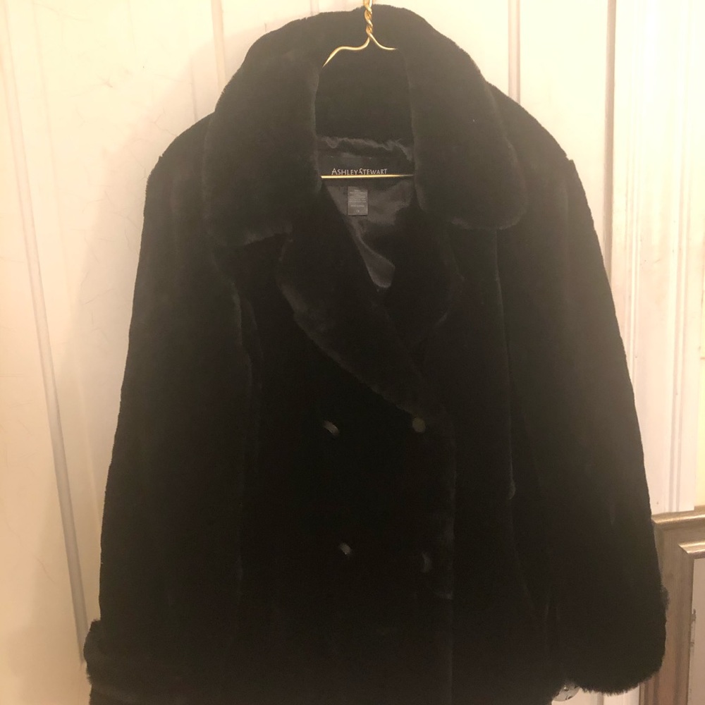 Ashley Stewart 1X Black Faux Fur Pea Coat